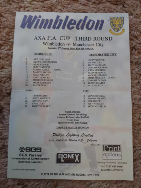 98/9 Wimbledon vs Manchester City FA Cup 3rd Round (Teamsheet)