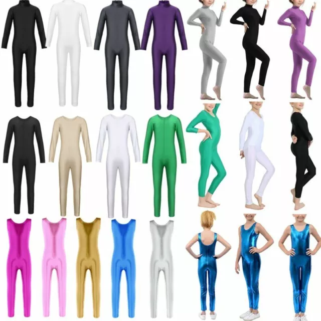 UK Kids Girls Long Sleeves Dance Gymnastic Full Length Leotard Bodysuit Unitard