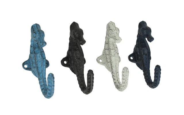 Set of 4 Colorful Coastal Cast Iron Seahorse Decorative Wall Hooks 5 inch