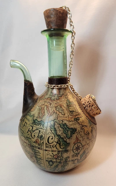 Vintage Italian Leather Map Wrapped Wine Pitcher Bottle w/ Spout & Ice Pocket
