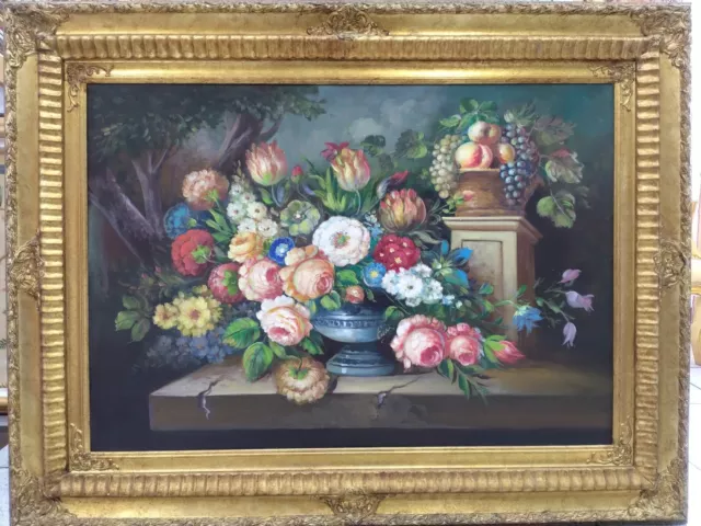 quadro dipinto grande a olio su tela Vaso di fiori con cornice stile antico Oro