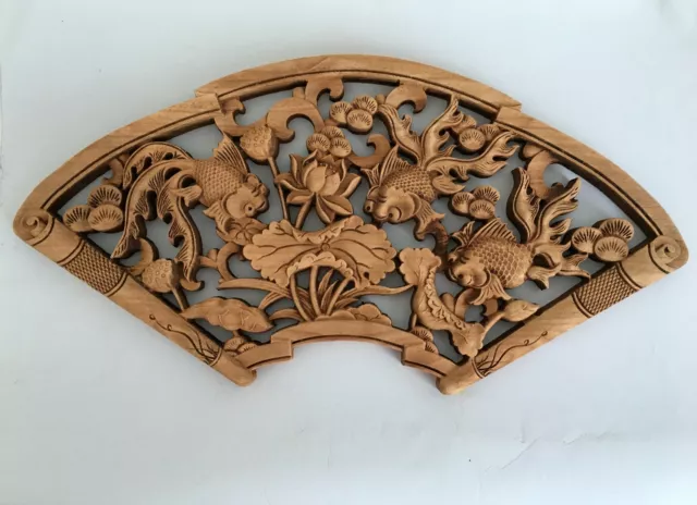 Chinese Hand Carved 荷花三鱼 Statue Camphor Wood Fan Plate Wall Sculpture