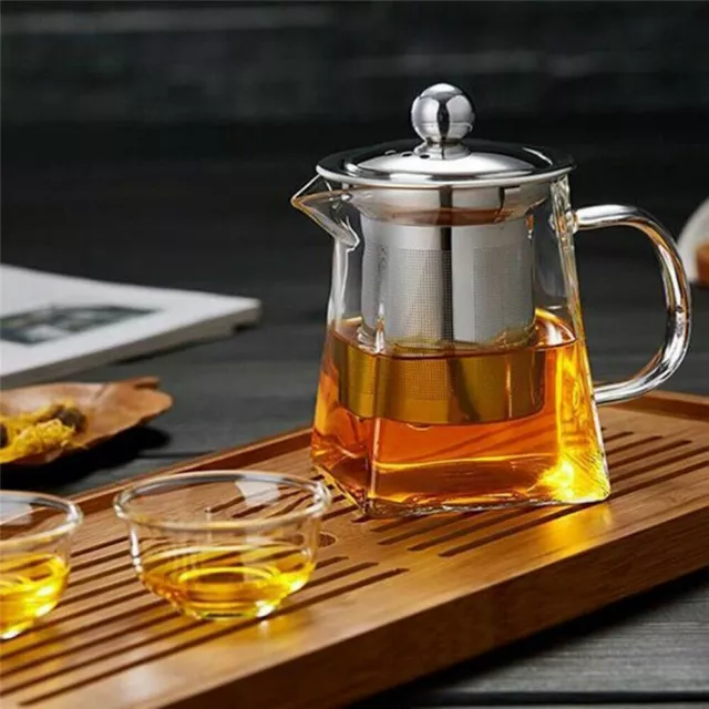 UK Heat Resistant Clear Glass Teapot Jug With Infuser Coffee Tea Leaf Herbal Pot