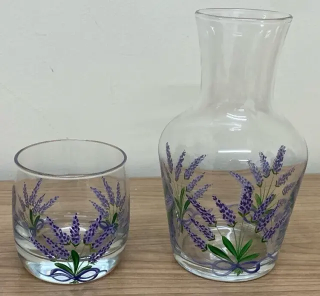 Water Carafe/Decanter And Glass Set Lavender Design Hand Painted Glass Vintage