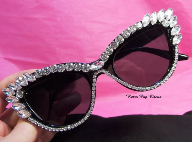 CLASSIC RETRO Rhinestone Cat Eye ICED OUT SUNGLASSES Black Bling Crystals