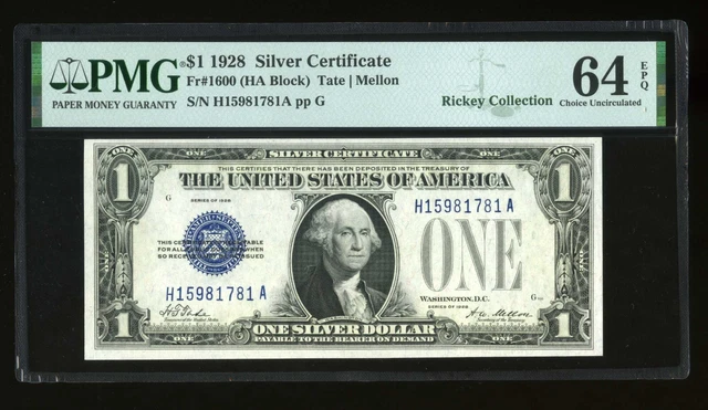 DBR 1928 $1 Silver Fr. 1600 HA Block PMG 64 EPQ Serial H15981781A