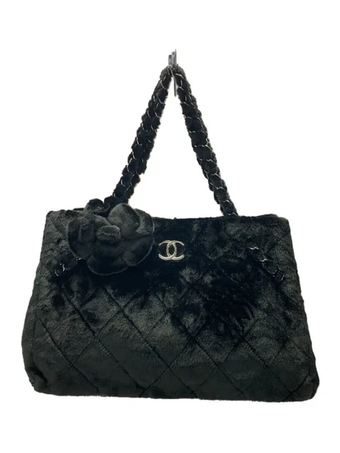 CHANEL COCO MARK Camellia Chain Strap Quilting Fur Tote Bag