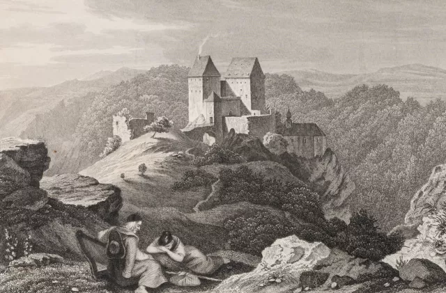 GRÜNEWALD (*1801) nach RICHTER (*1803), Wandernde vor Burg Rabeneck, Sst.