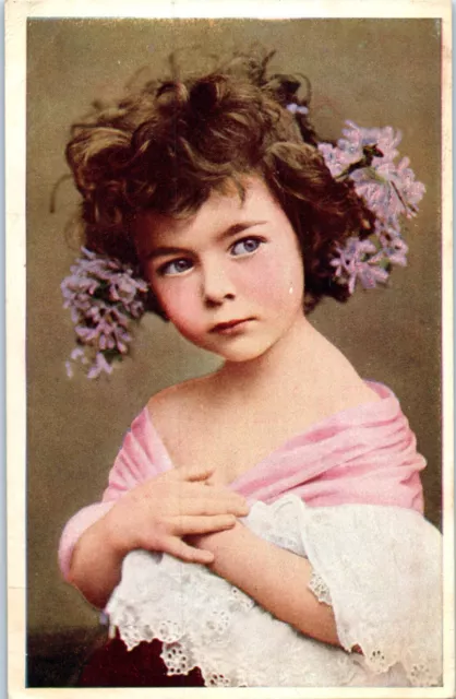 c 1910 Vintage RPPC Postcard Beautiful Victorian Girl Child Dress Flowers Hair