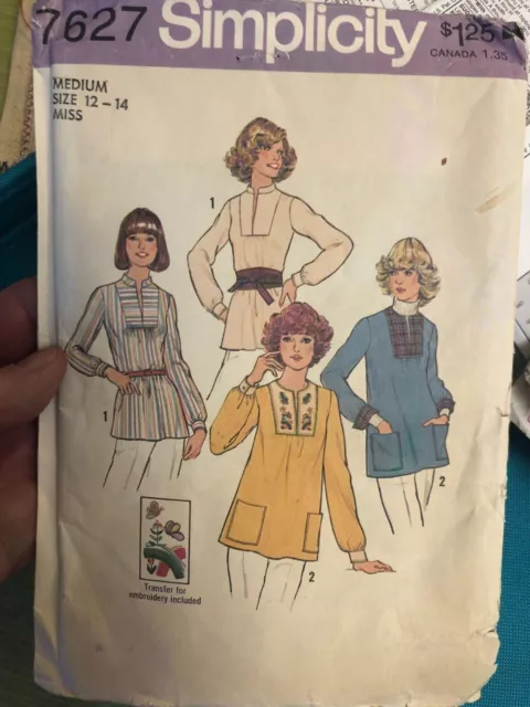Vintage 70’s Sewing pattern Simplicity 7627 Top Tunic.  Sz 12-14 UNCUT