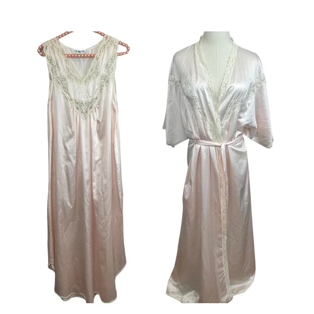 Christian Dior Lingerie Night Gown Matching Robe Belt Pink Embroidered VTG M