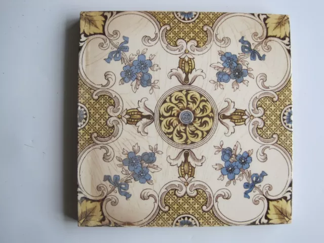 Antique Victorian 6" Print & Tint Blue Floral Tile -  J & W Wade? C1884 - 1904