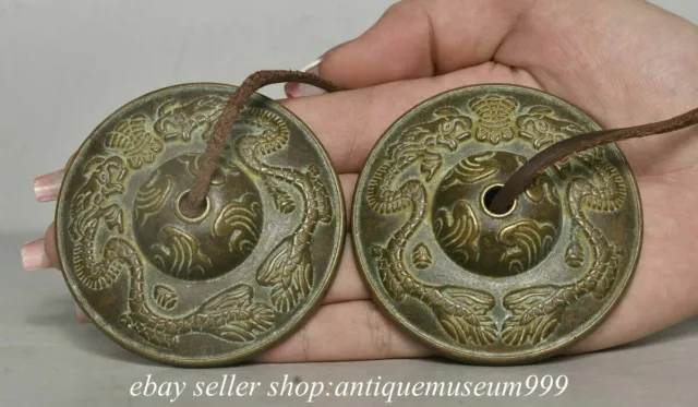 2.6 " Exquisite Old Tibet Buddhism religion Copper 2 Dragon Bell Bells A pair