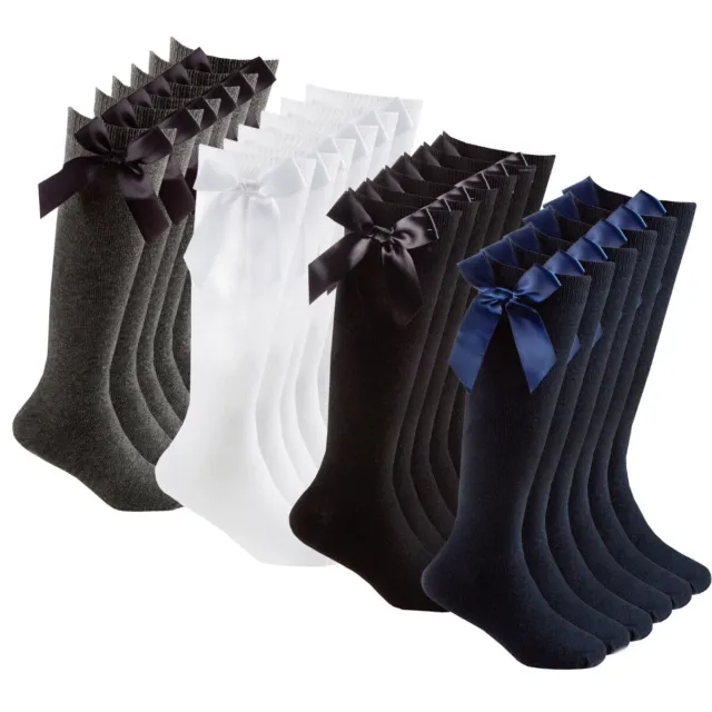 Girls Knee High Socks With Bow Cotton School Uniform Tights Pack Of 3