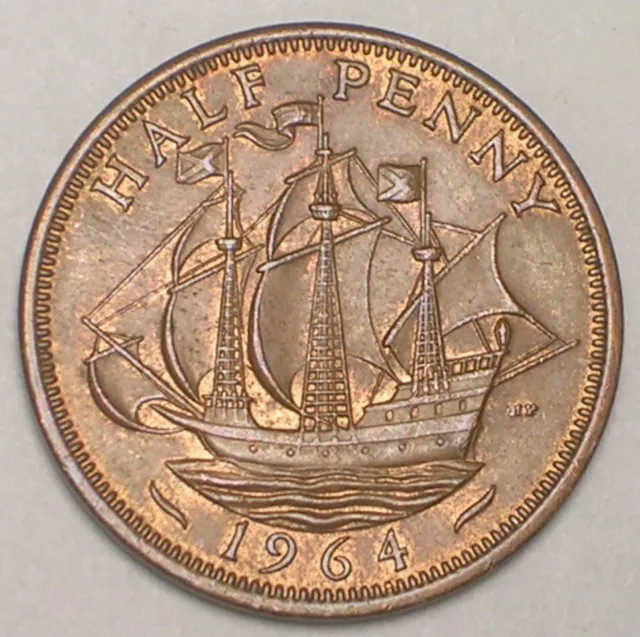 1964 UK Great Britain British Half 1/2 Penny Warship Coin XF