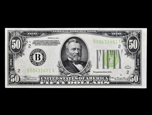 1934 $50 Federal Reserve Note ✪ Ch-Au Almost Unc ✪ Frn Lgs Ligh Seal ◢Trusted◣