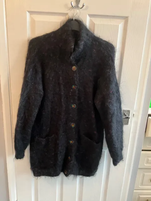 Hand Knitted Cosy Coat Mohair Loose High Neck Black Mix & Julia Hill Buttons
