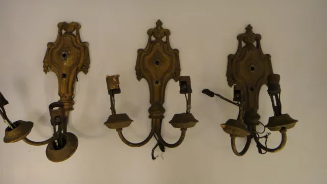 3 Heavy Antique Double "Candle" Wall Sconces Ornate Art Nouveau For Restoration