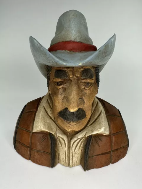 Vintage Hand Carved Wooden Cowboy Bust Head Painted Folk Art