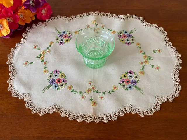 Vintage Beige Linen Hand Embroidered Oval Table Doily