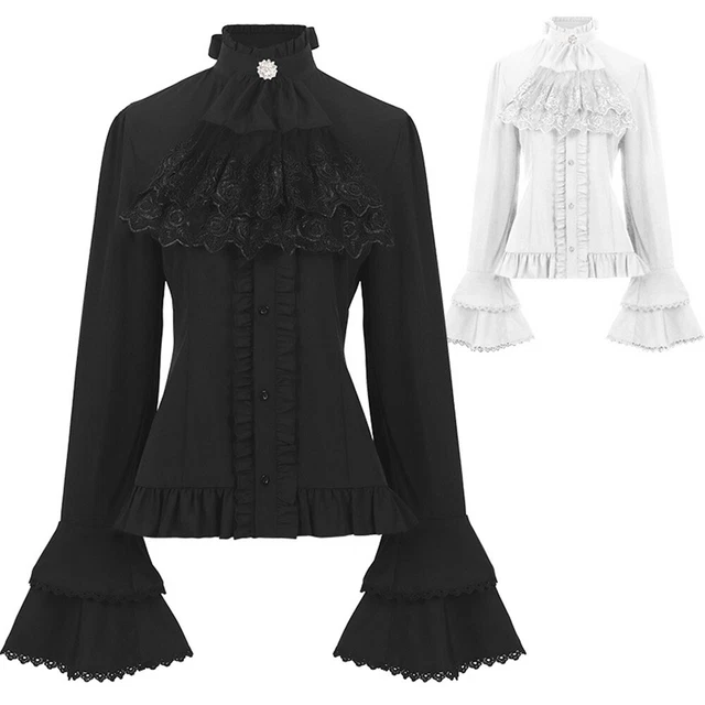 Top gotici vittoriani vintage da donna con manica svasata e arricciature in pizz