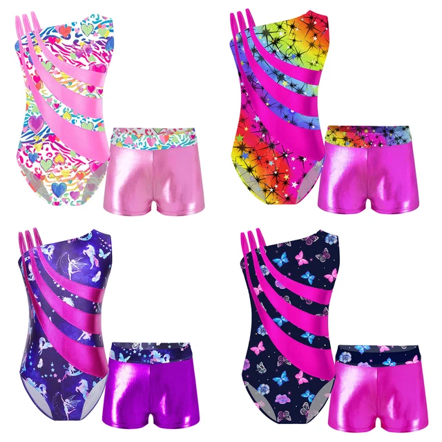 Kids Girls 2Pcs Athletic Tracksuit Set Ballet Dance Leotard and Shorts Dancewear