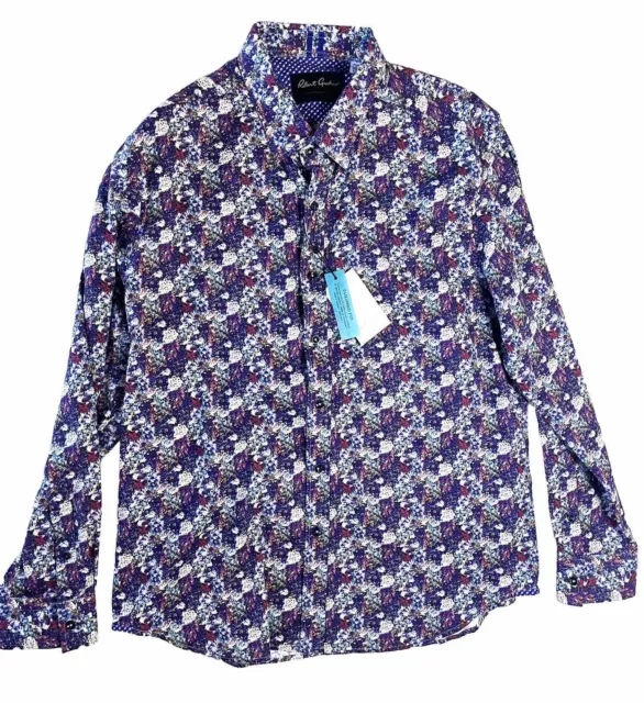 ROBERT GRAHAM Geometric Colorful Dotted Floral Purple Blue Shirt 2XL New