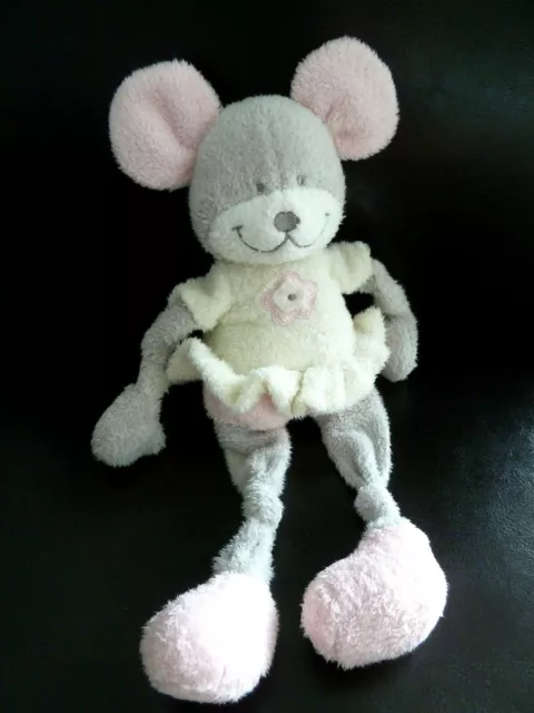 4- DOUDOU PELUCHE NICOTOY SOURIS GRIS ROSE BLANC ROBE FLEUR 27 cms GRELOT - TBE