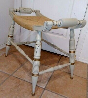 Vintage Hitchcock Style Gold Stencil Cream Colored Wooden Frame Rush Seat Bench 3