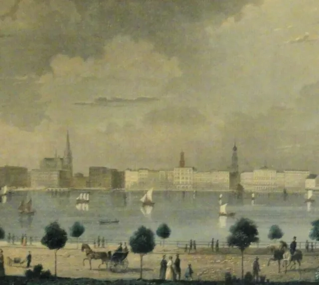 Poppel /Kurz - Kolor Stahlstich 1855: DAS ALSTER-BASSIN IN HAMBURG nach Gottheil