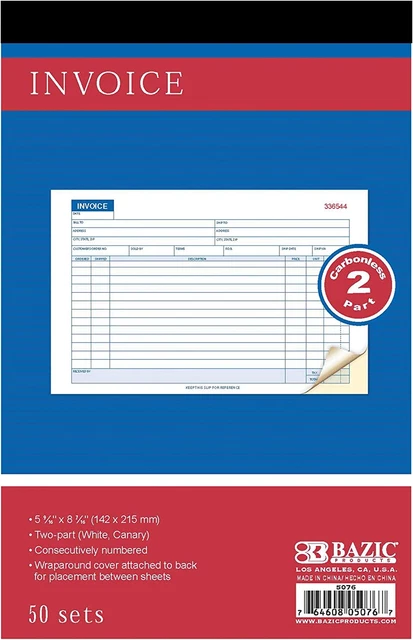 BAZIC Invoice Book, 50 Sets 5 9/16" X 8 7/16" 2-Part Carbonless, White & Canary,