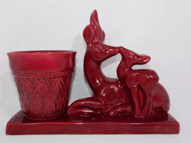 Groupe En Ceramique Bordeau Biche Faon Et Pot De Fleur Signe Rozay Art Deco