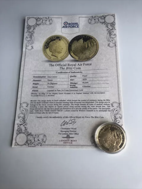 GIBRALTAR 2020 RAF THE BLITZ GOLD LAYERED TOMBAC PROOF CROWN - coa