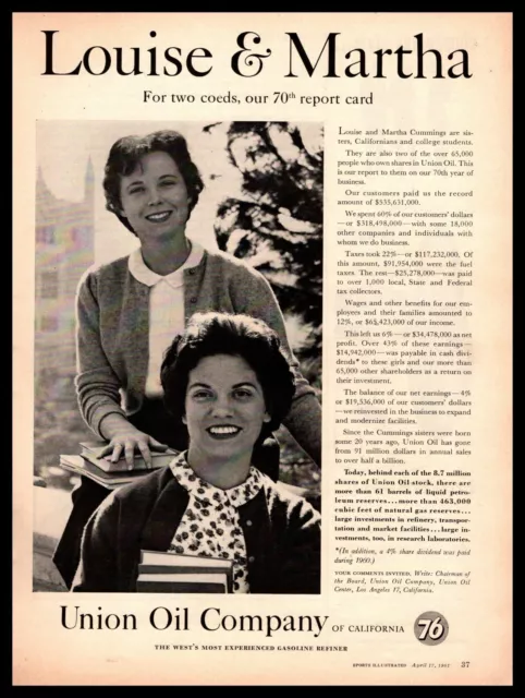 1961 Union 76 Oil Company "Louise & Martha" California College Students Print Ad