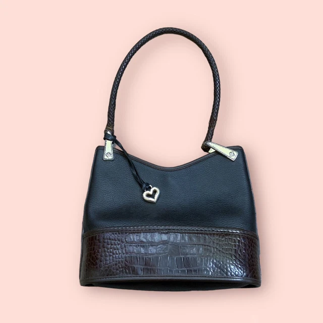 VTG Brighton Embossed Croc Brown Black Leather Shoulder Bucket Bag Tote Purse