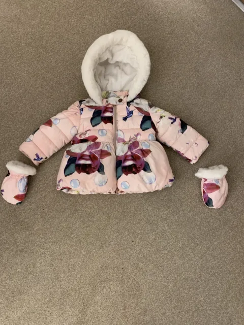 Beautiful Baby Girls Pink Floral Designer Ted Baker Winter Coat 9-12 months