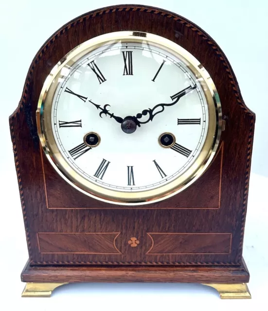 Arched Top Walnut & Oak Mantel Clock Satinwood Stringing 8 Day Striking 1900