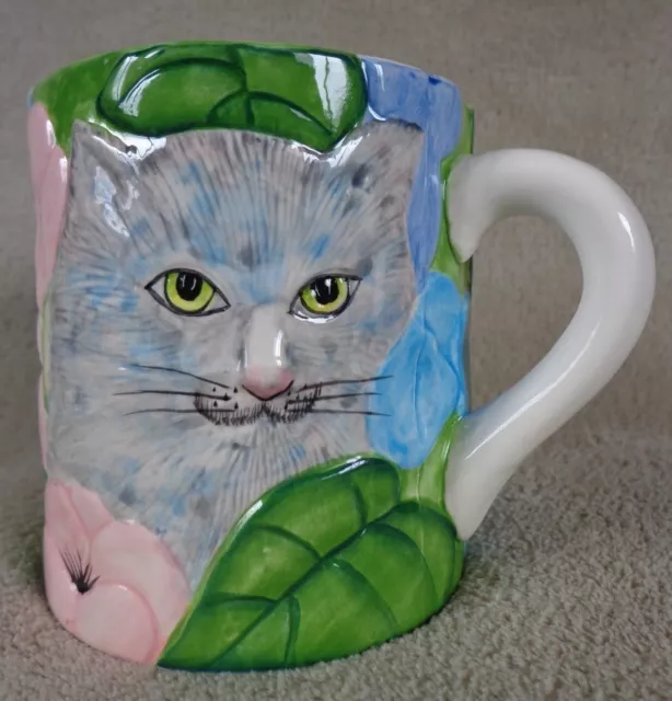 Pat Wade Design Cat & Mouse Garden Mug Gray Cat Green Eyes ~ FREE SHIPPING