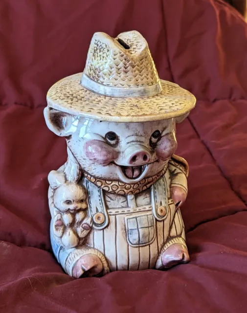 VINTAGE Ceramic Treasure Craft Pig Farmer Piggy Bank 7.5in Tall, Hat and Bunny