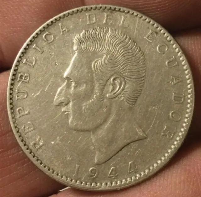 1944 Ecuador 2 Sucres Silver Coin