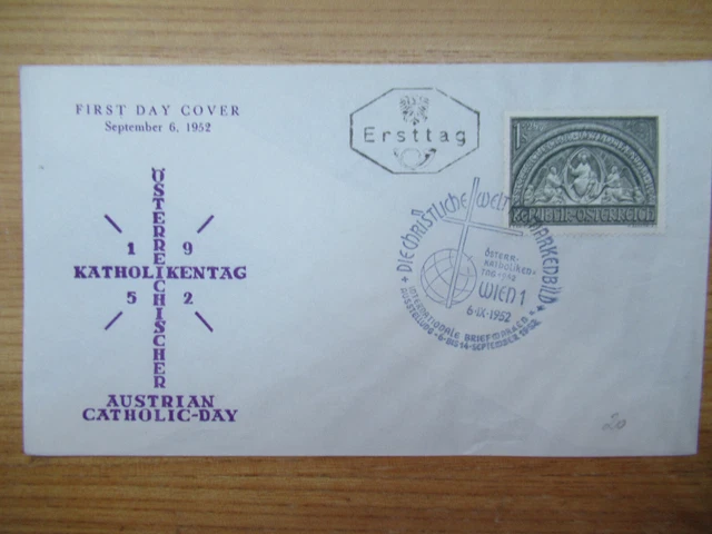 Österreich FDC 977 mit Wiener Sonderstempel  6.9.52 Österr. Katholikentag 1952