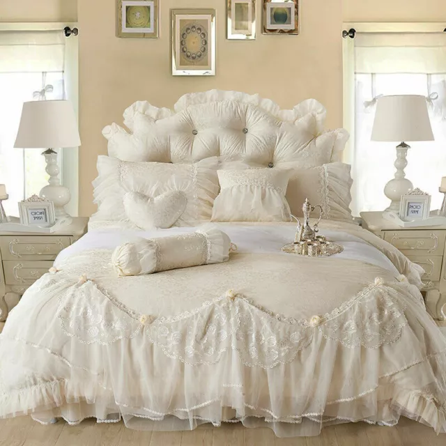 Luxury Wedding Bedding Set Lace Cotton Full Queen King Size Bedskirt Duvet Cover