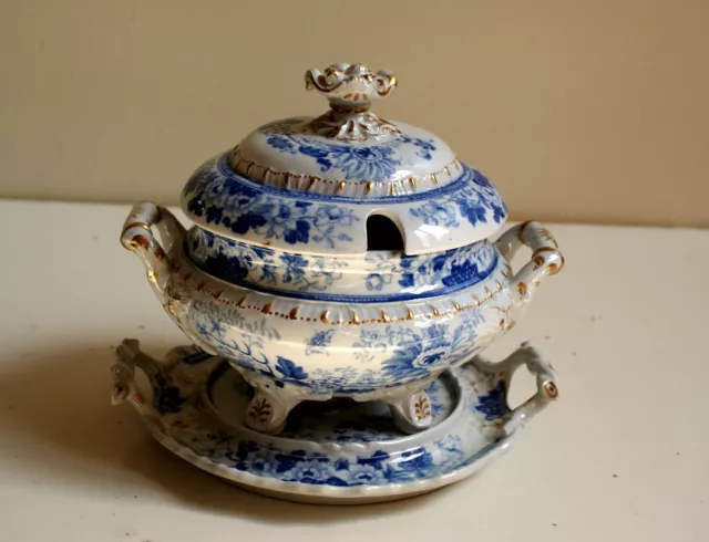 Antique Ironstone Sauce Tureen Blue White with Tray, Pattern 51