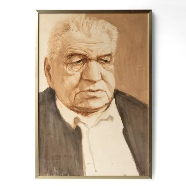 Large Portrait Of A Man By Sam Walsh, Original Vintage Watercolour Painting