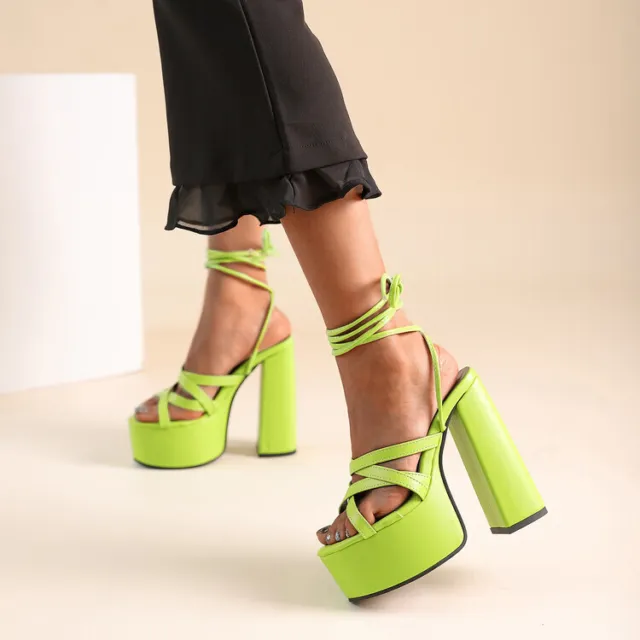 Women Platform Lace Up Leg Wrap Ankle Strap Gladiator Shoes Sandals Block Heel