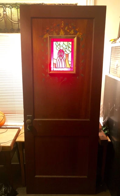 Antique heavy Wood Door painted stained glass windows folk art Rare 3