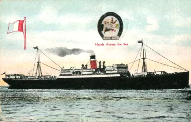 1900s postcard Allan Line ocean liner SS PRETORIAN Hands across the Sea