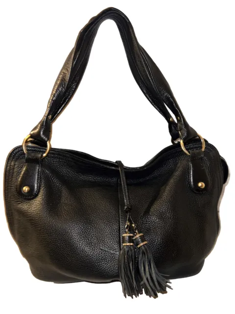 TALBOTS Purse Black Pebbled Leather Tassel Accent Zippered Handbag Shoulder Bag
