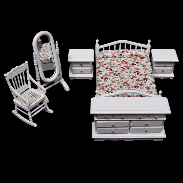 6Pcs 1:12 Dollhouse Miniature White Wooden Bedroom Furniture Set Doll House-ot