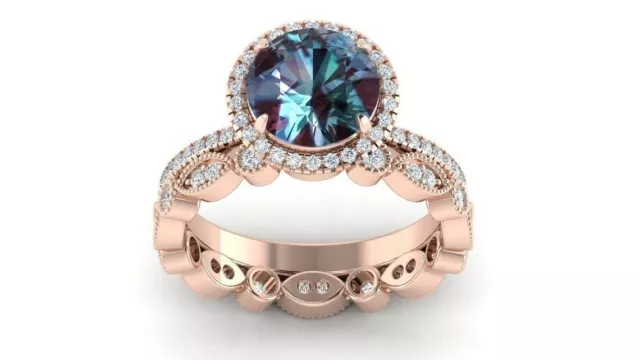 3Ct Round Lab Created Alexandrite Women's Halo Bridal Ring 14K Rose Gold Finish